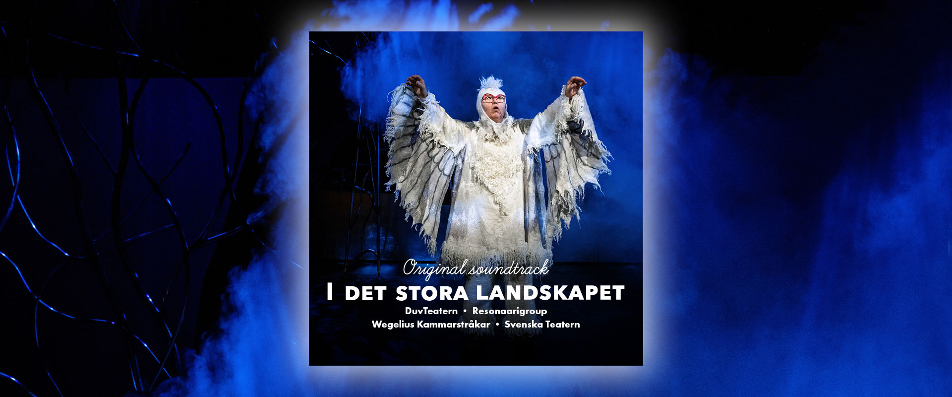 The cover of the album Original soundtrack “I det stora landskapet”, made by DuvTeatern, Resonaarigroup, Wegelius Kammarstråkar and Svenska Teatern. The background is a mix of blue and black, the blue color is a reflection against stage smoke. In front DuvTeatern actress Irina von Martens with her arms stretched to the sides like her role as an owl.