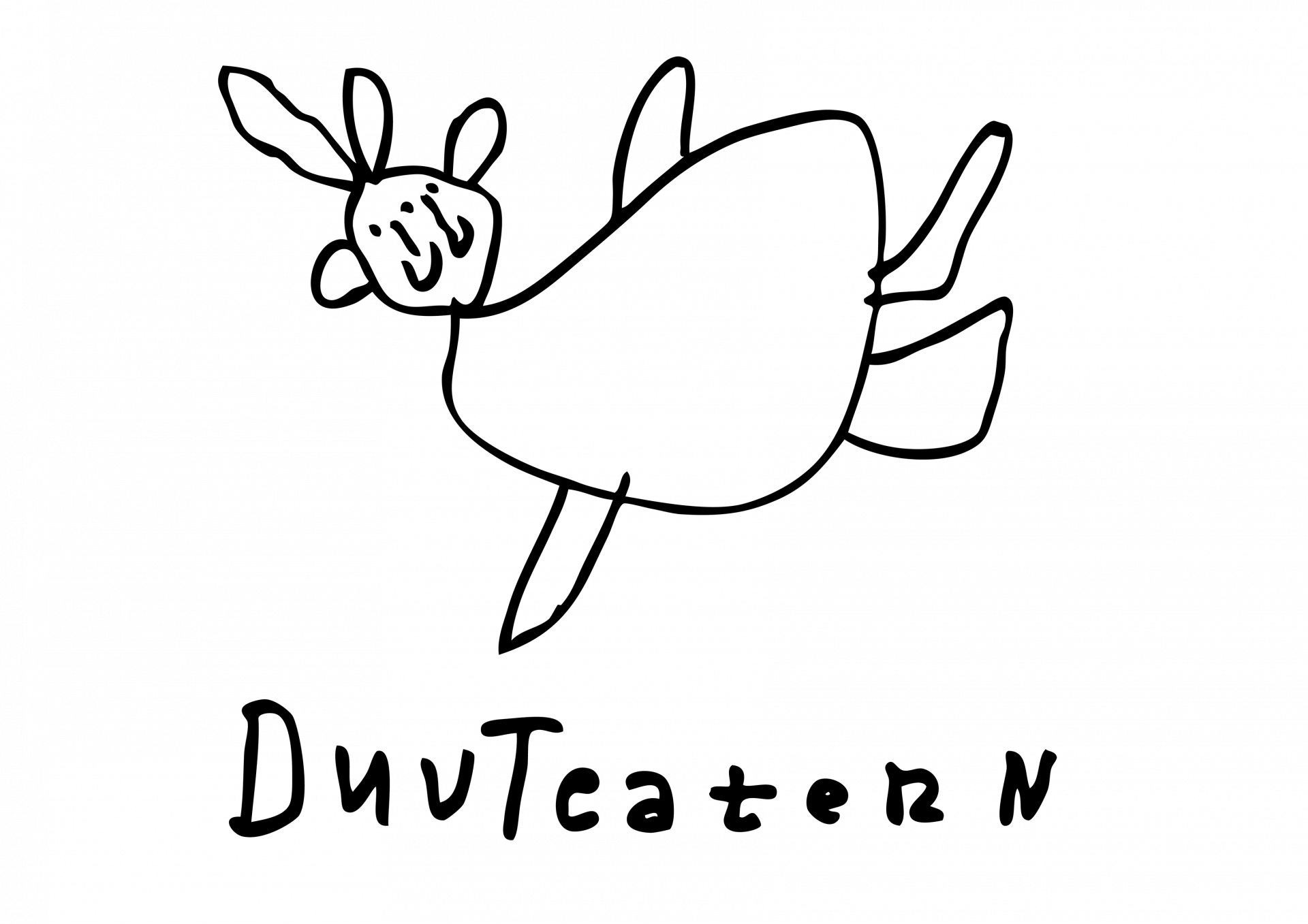 Logotyp för DuvTeatern. En för hand ritad flygande duva och texten 'DuvTeatern' under den.