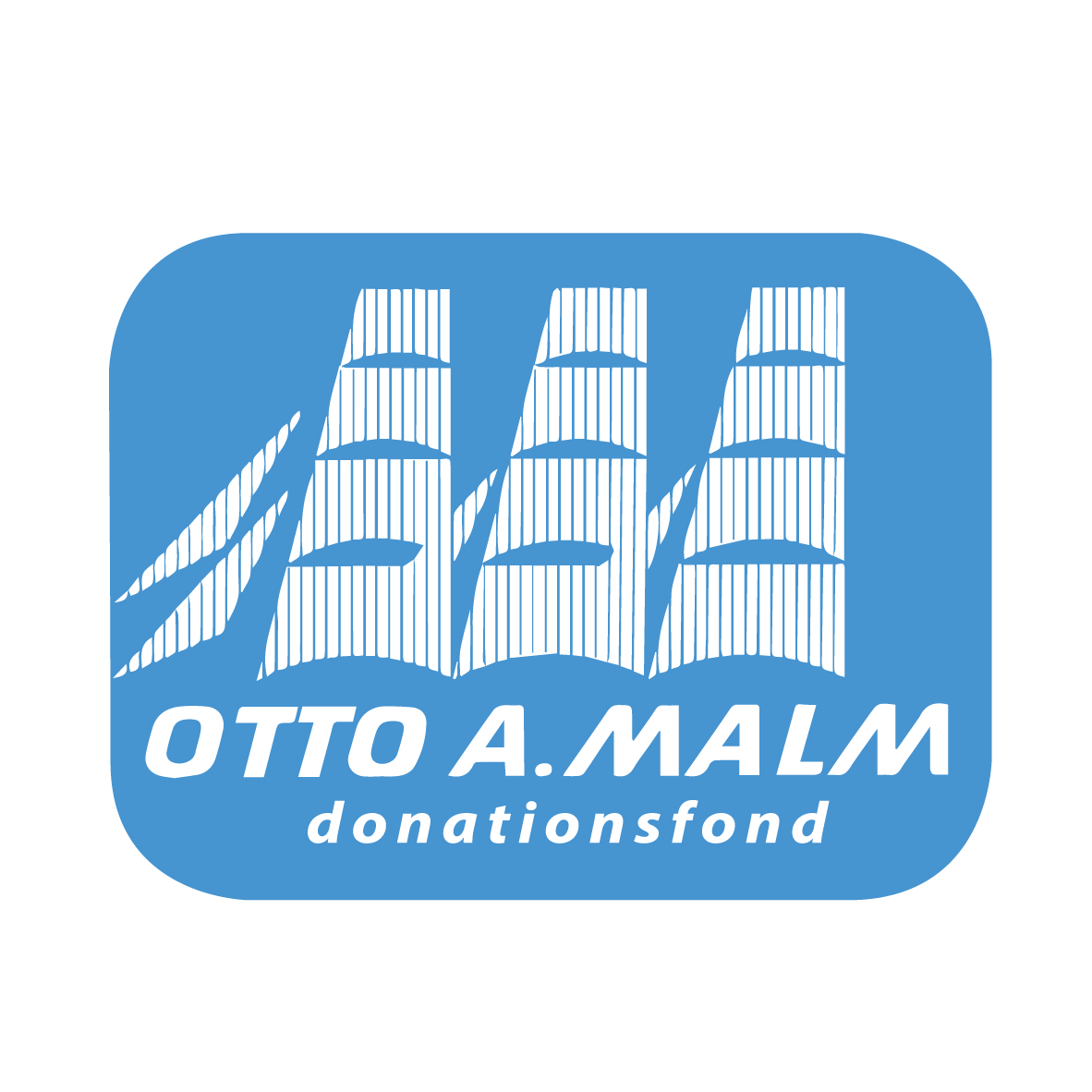 Logotyp för Otto A. Malm Donationsfond. Logotypens bakgrund är ljusblå med siluetter av vita segel ovanpå. Under dem står texten 'Otto A. Malm' med vita versaler, och under dem står ordet 'donationsfond'.