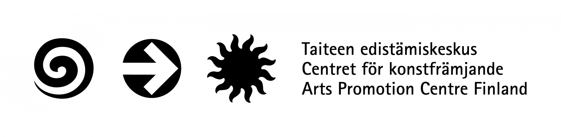 Logotyp för Centret för konstfrämjande. Till vänster om logotypen finns tre cirkelformade symboler; en spiral, en pil som pekar åt höger och en svart sol. Efter symbolerna står centrets namn på tre språk ovanpå varandra: Taiteen edistämiskeskus, Centret för konstfrämjande och Arts Promotion Centre Finland.